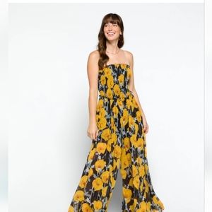 Free People Sophia Jumpsuit Black Combo Floral Poppies Smocked Women's L